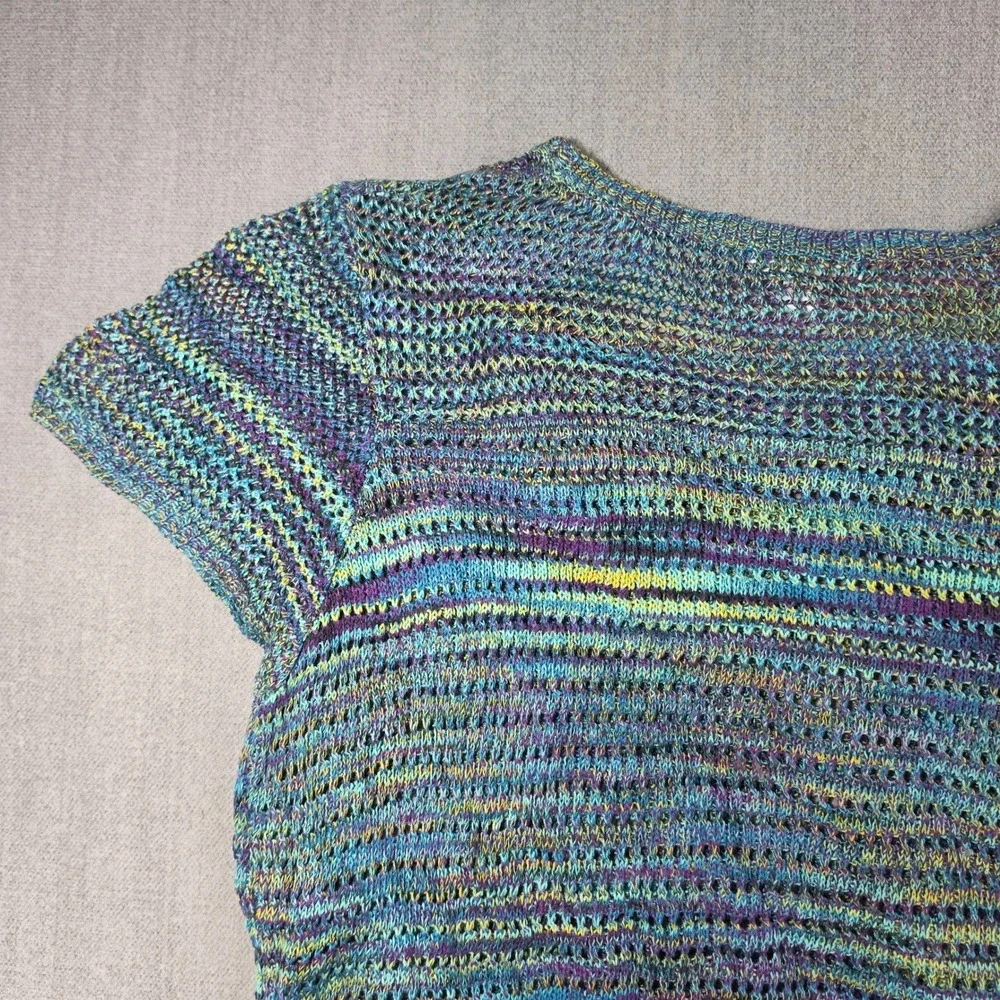 John Paul Richard Knit Top Womens XL Blue Space Dye Fringe Boho Short Sleeve
